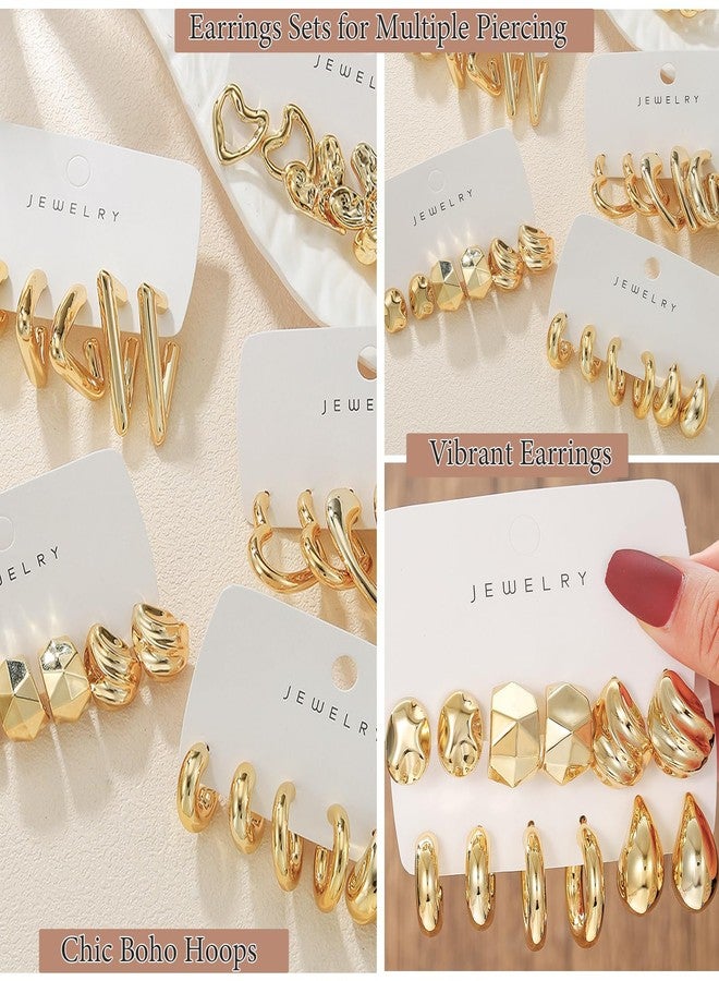 OATHYAN 15 Pairs Statement Chunky Earrings Set for Women Gold Plated Fashion Irregular Puffy Love Hypoallergenic Earring Hoops (Geometry) - Image 3